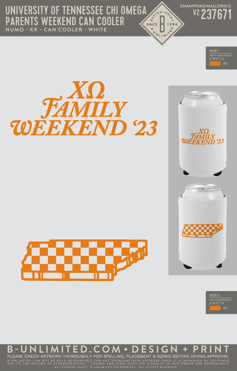 University of Tennessee Chi Omega - parents weekend can cooler - Numo - KK - Can Cooler - White