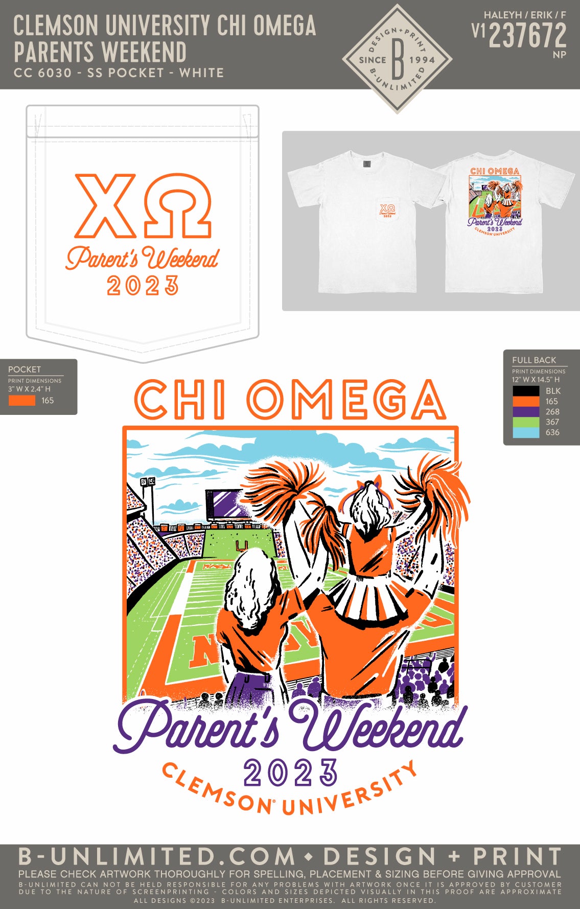 Clemson University Chi Omega - Parents Weekend (EOY FALL 23) - CC - 6030 - SS Pocket - White