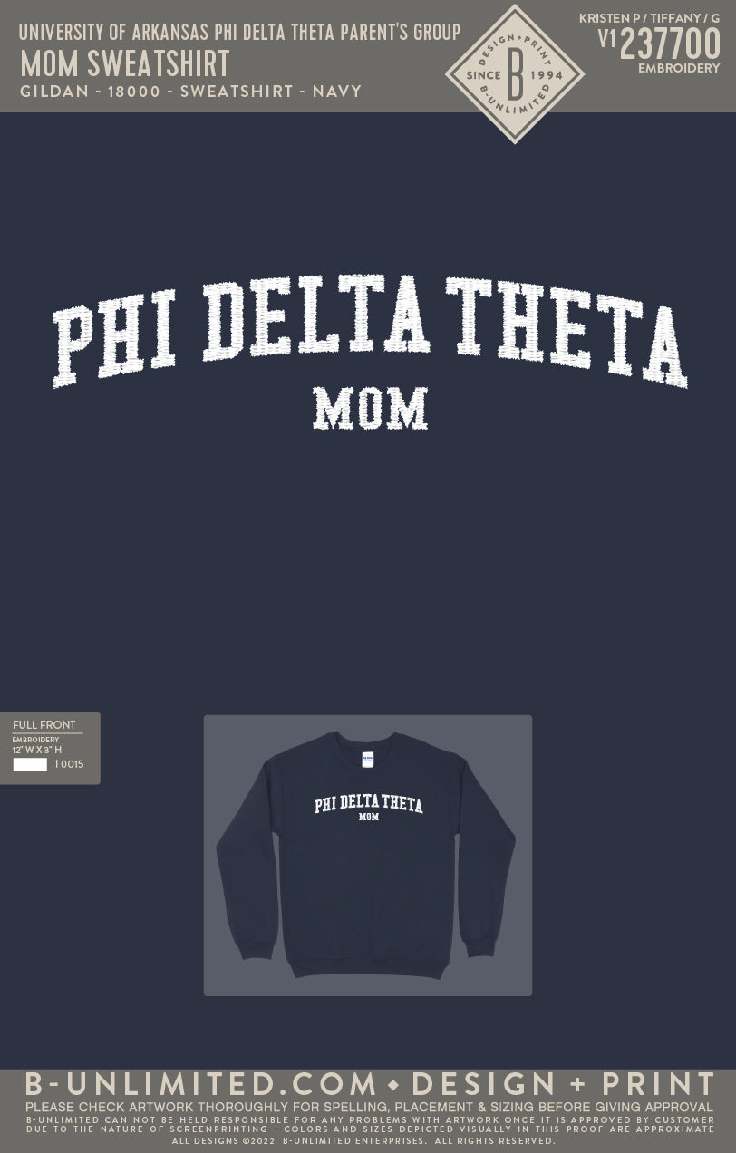 University of Arkansas Phi Delta Theta Parent's Group - Mom Sweatshirt - Gildan - 18000 - Sweatshirt - Navy