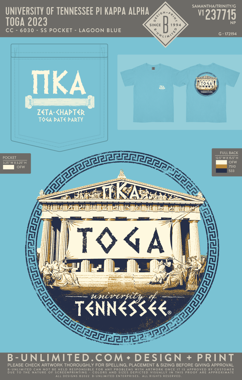 University of Tennessee Pi Kappa Alpha - Toga 2023 - CC - 6030 - SS Pocket - Lagoon Blue