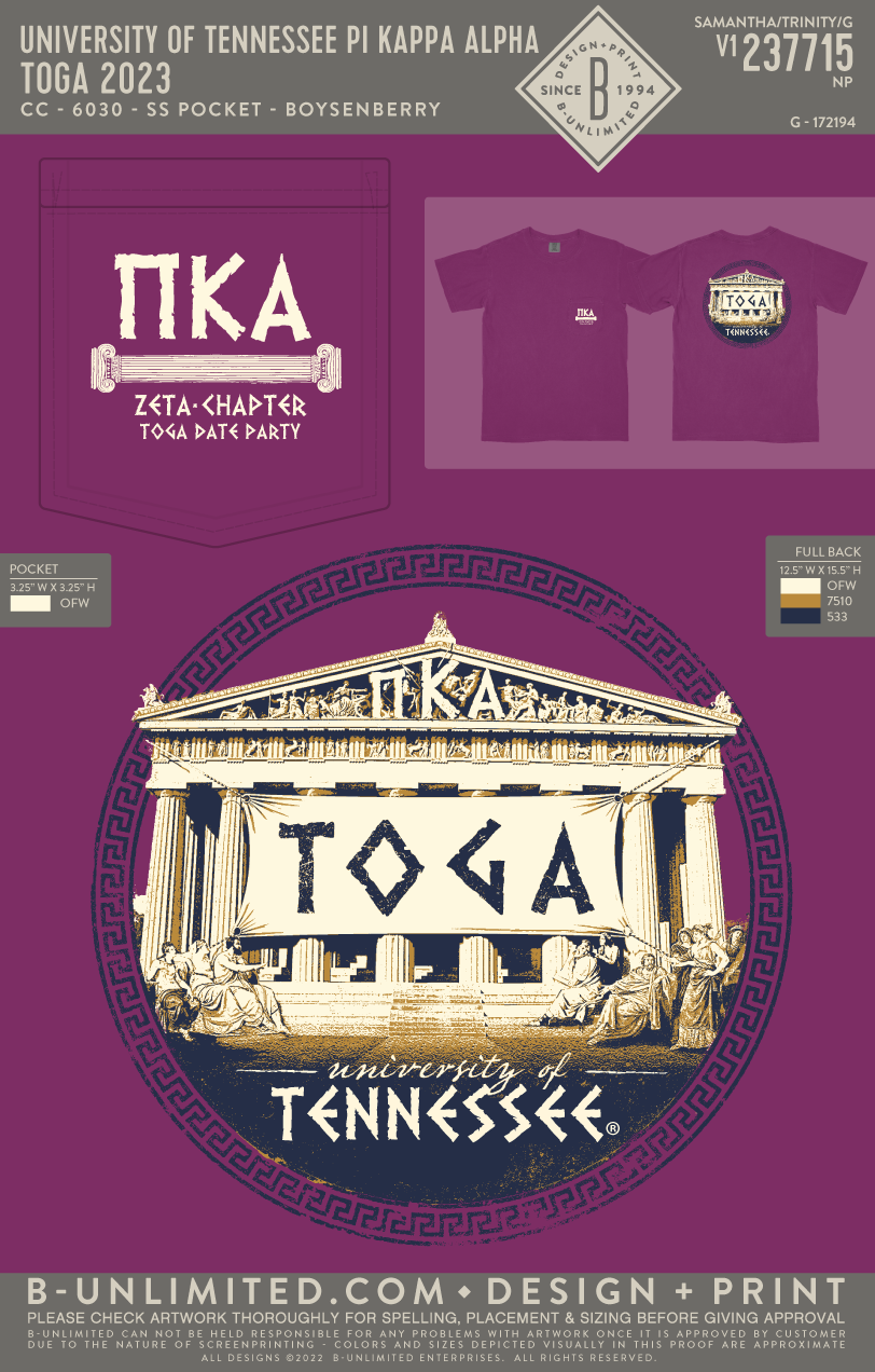 University of Tennessee Pi Kappa Alpha - Toga 2023 - CC - 6030 - SS Pocket - Boysenberry