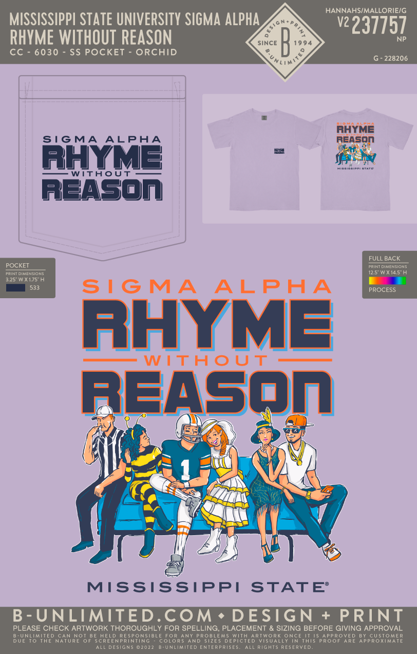 Mississippi State University Sigma Alpha - Rhyme Without Reason - CC - 6030 - SS Pocket - Orchid