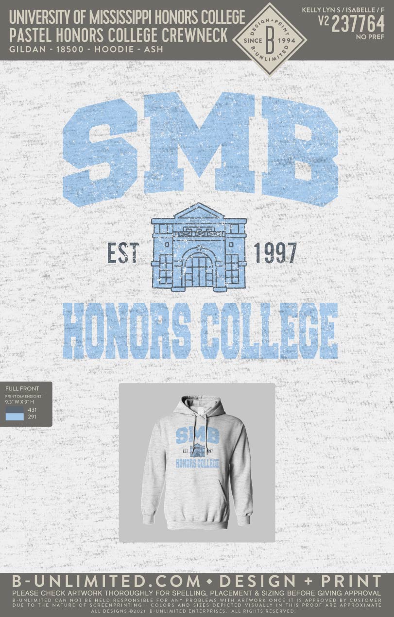 University of Mississippi Honors College - Pastel Honors College Hoodie - Gildan - 18500 - Hoodie - Ash Grey