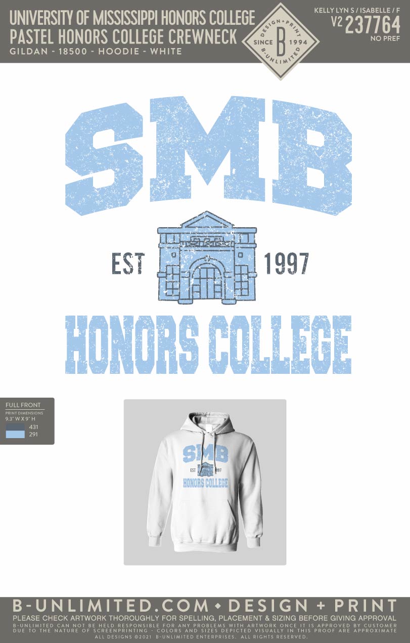University of Mississippi Honors College - Pastel Honors College Hoodie - Gildan - 18500 - Hoodie - White
