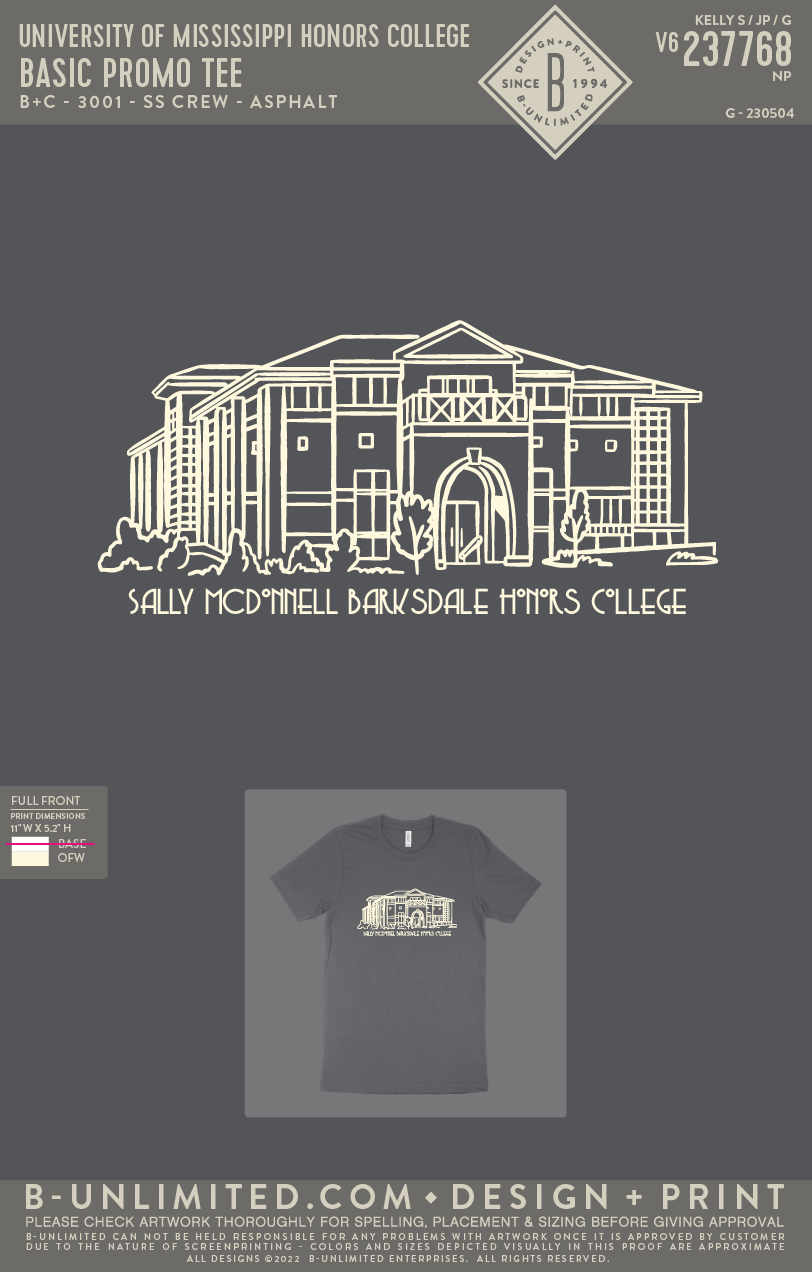 University of Mississippi Honors College - Basic Promo Tee - B+C - 3001 - SS Crew - Asphalt