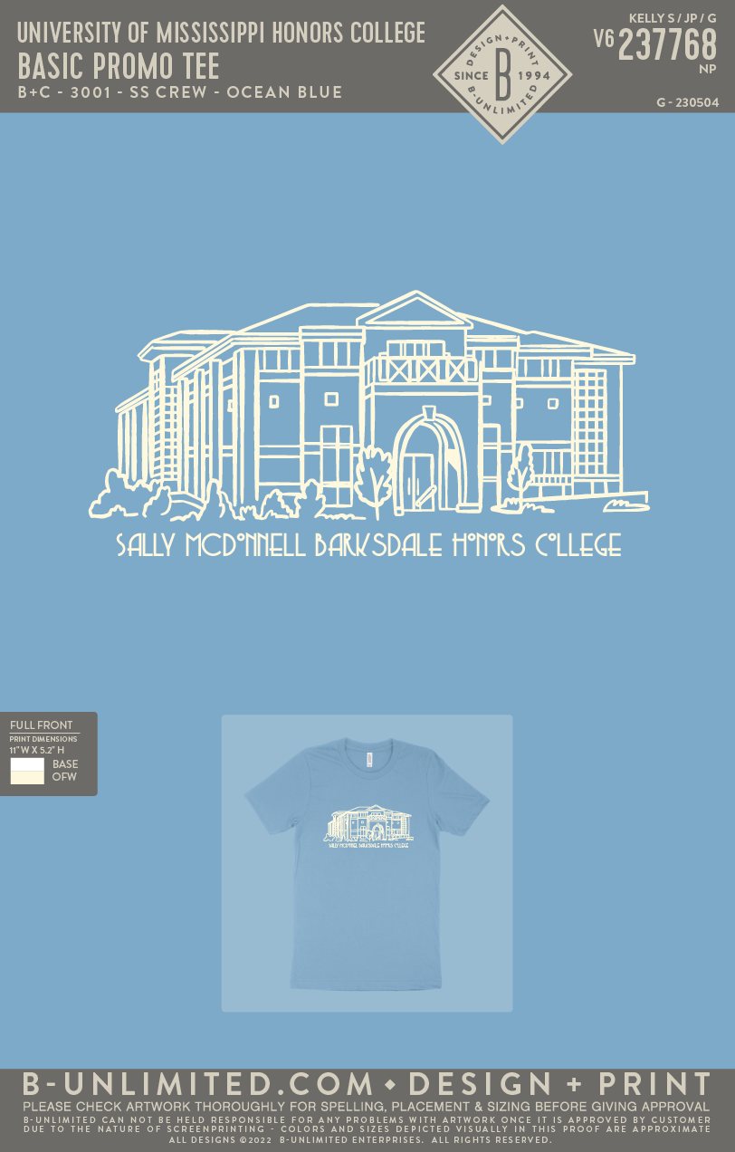 University of Mississippi Honors College - Basic Promo Tee - B+C - 3001 - SS Crew - Ocean Blue