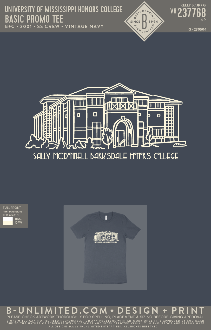 University of Mississippi Honors College - Basic Promo Tee - B+C - 3001 - SS Crew - Vintage Navy