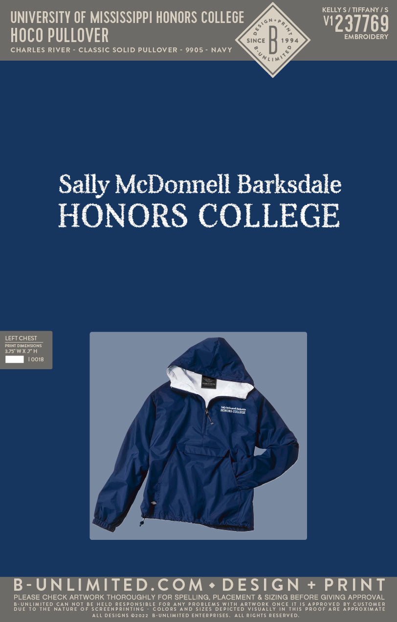 University of Mississippi Honors College - HOCO Pullover/Jacket - Charles River - 9905 - Solid Rain Jacket Pullover - Navy