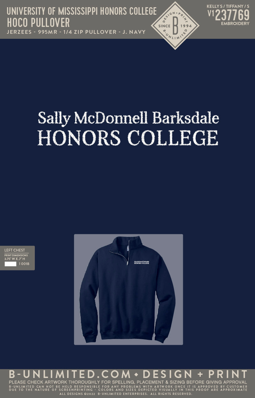 University of Mississippi Honors College - HOCO Pullover/Jacket - Jerzees - 995MR - 1/4 Zip Pullover - J. Navy
