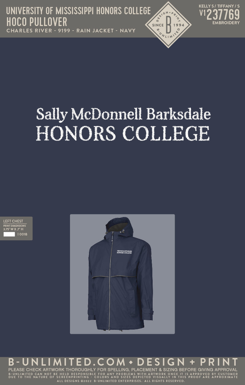 University of Mississippi Honors College - HOCO Pullover/Jacket - Charles River - 9199 - New Englander Rain Jacket - True Navy/Grey