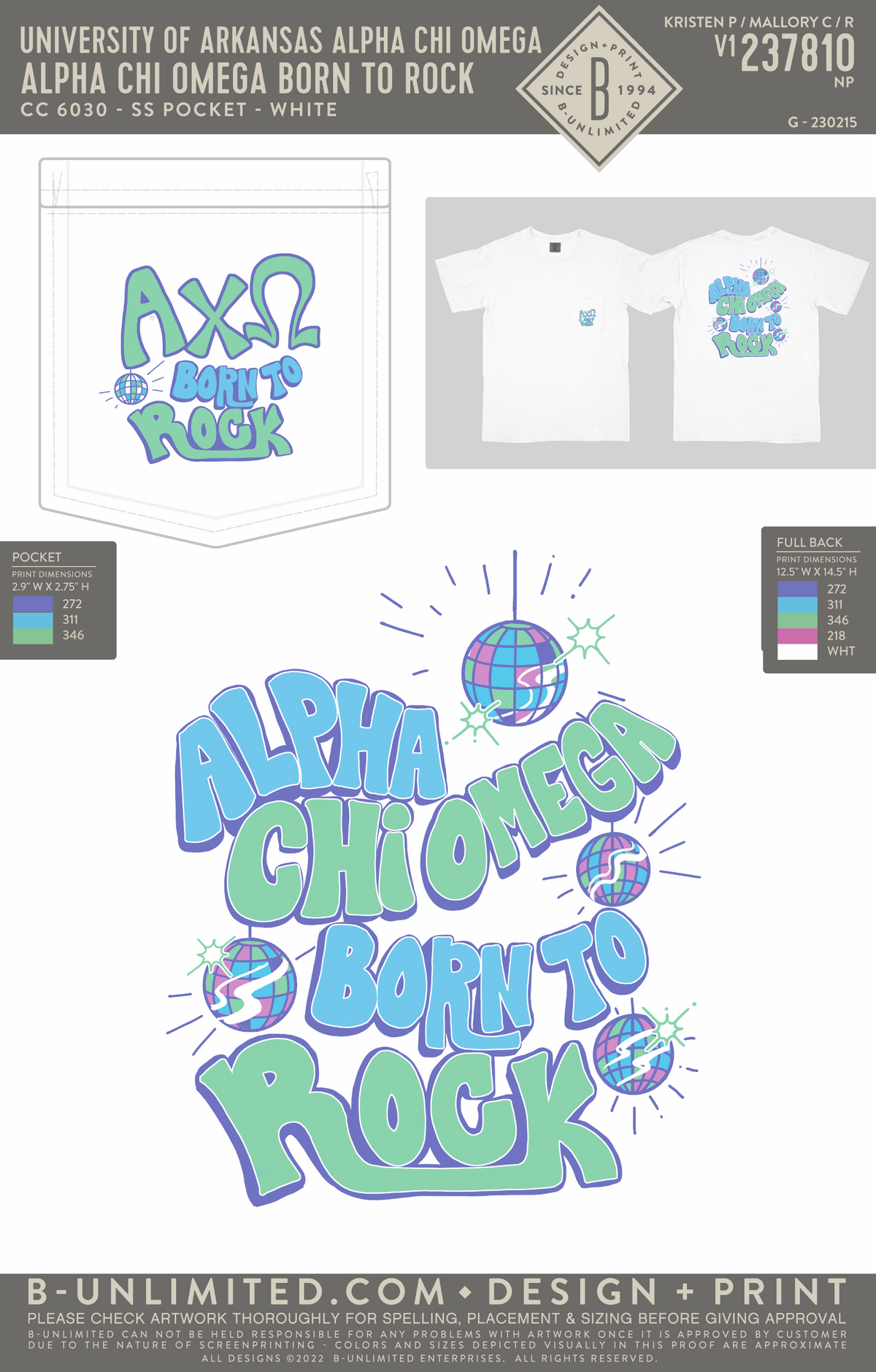 UofA AXO - Alpha Chi Omega Born to Rock - CC - 6030 - SS Pocket - White