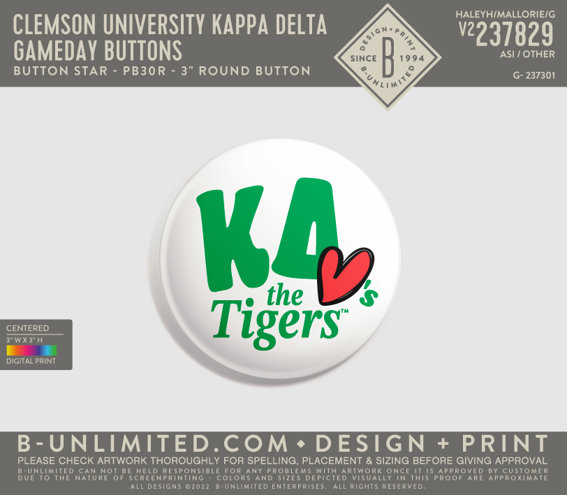 Clemson University Kappa Delta - Gameday Buttons - Button Star - PB30R - 3" Round Button - White
