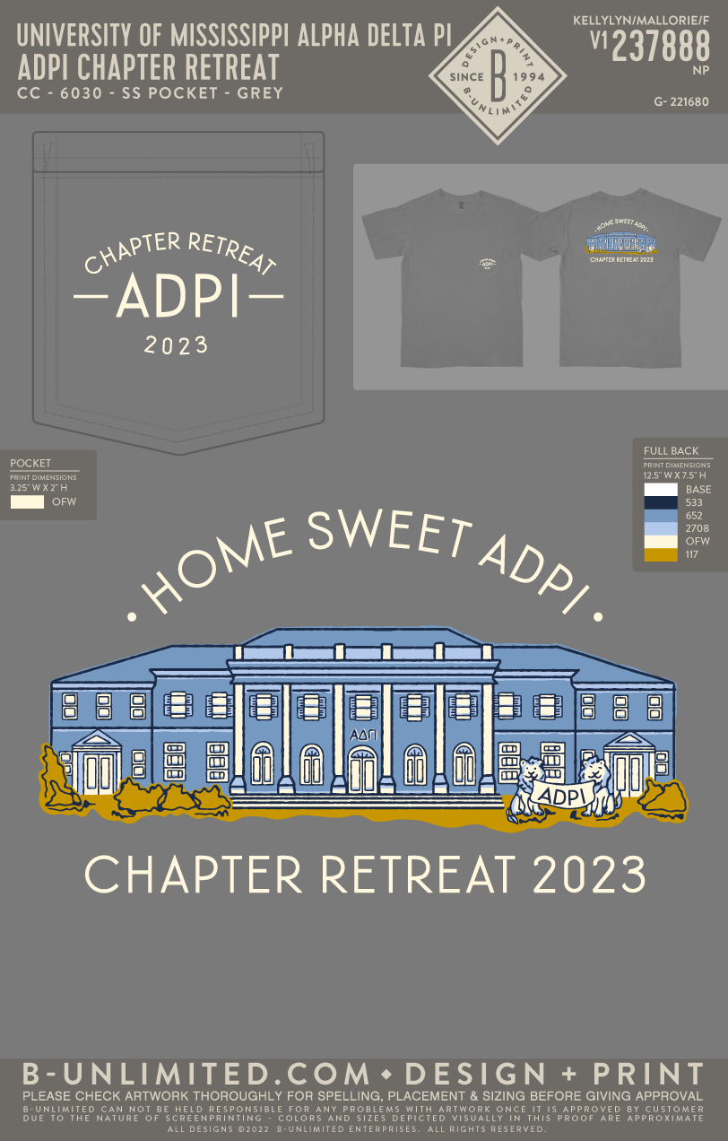 University of Mississippi Alpha Delta Pi - ADPI Chapter Retreat - CC - 6030 - SS Pocket - Grey