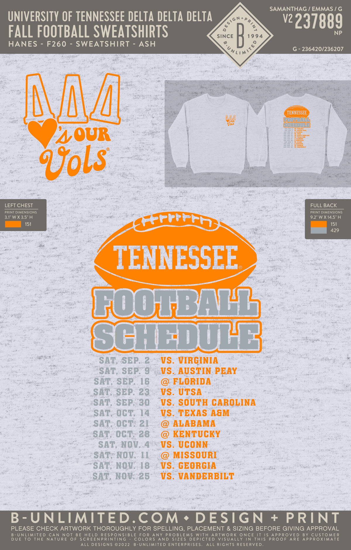 University of Tennessee Delta Delta Delta - Fall Football Sweatshirts - Hanes - F260 - Sweatshirt - Ash