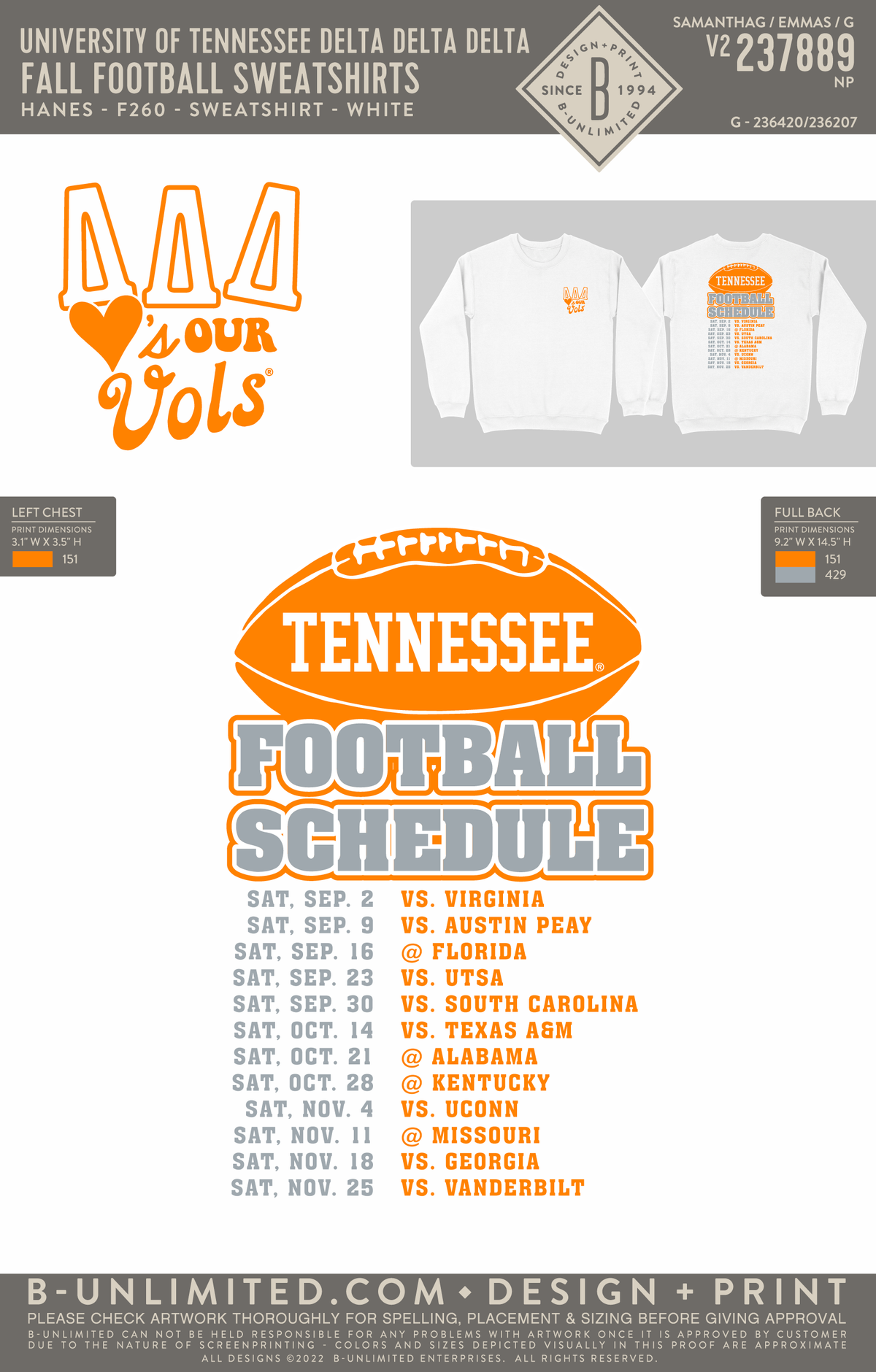 University of Tennessee Delta Delta Delta - Fall Football Sweatshirts - Hanes - F260 - Sweatshirt - White