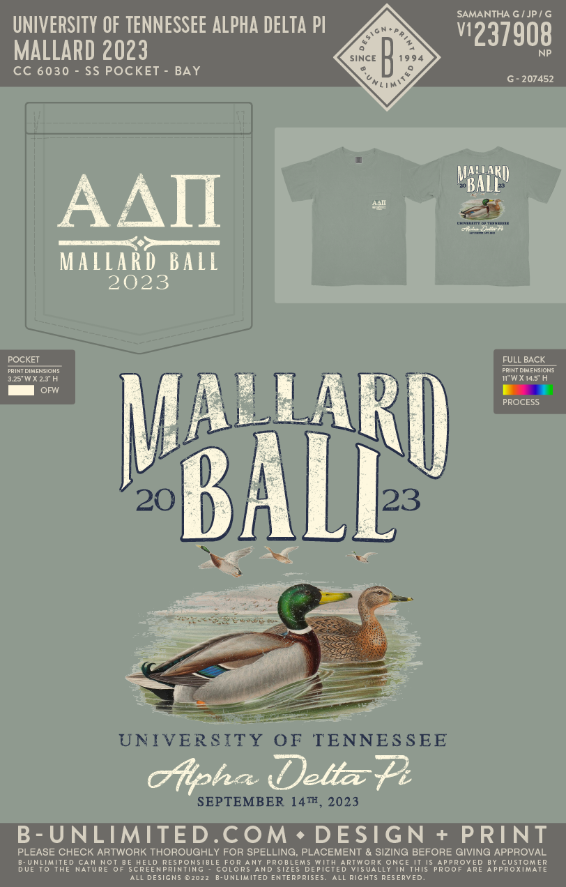 University of Tennessee Alpha Delta Pi - Mallard 2023 T - Shirt (EOYFALL23) - CC - 6030 - SS Pocket - Bay