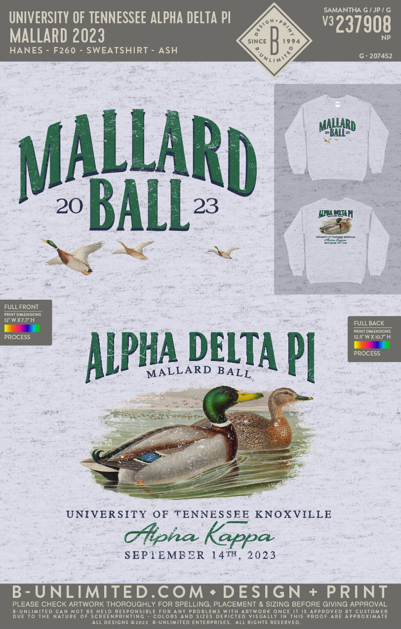 University of Tennessee Alpha Delta Pi - Mallard 2023 Sweatshirt - Hanes - F260 - Sweatshirt - Ash