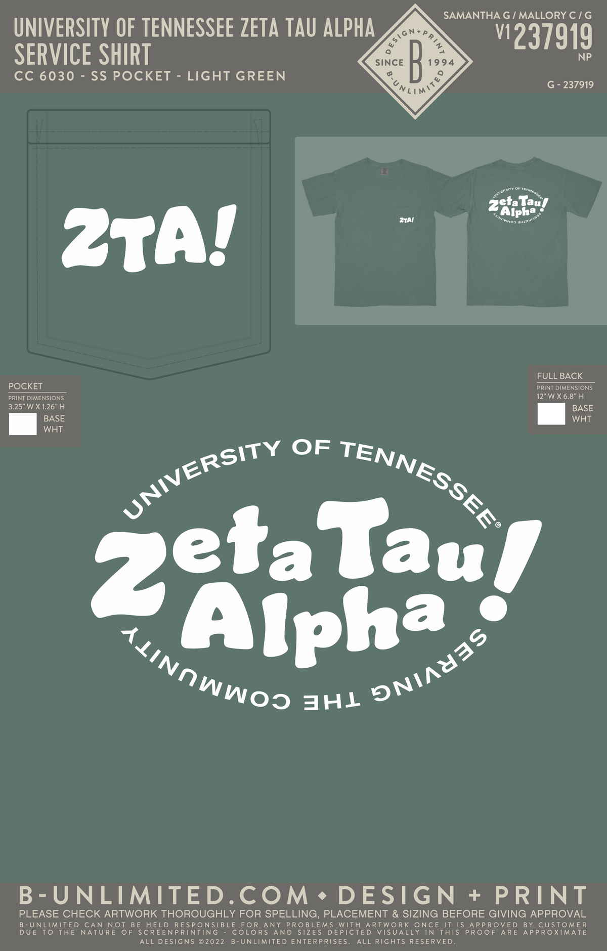 University of Tennessee Zeta Tau Alpha - Service Shirt - CC - 6030 - SS Pocket - Light Green