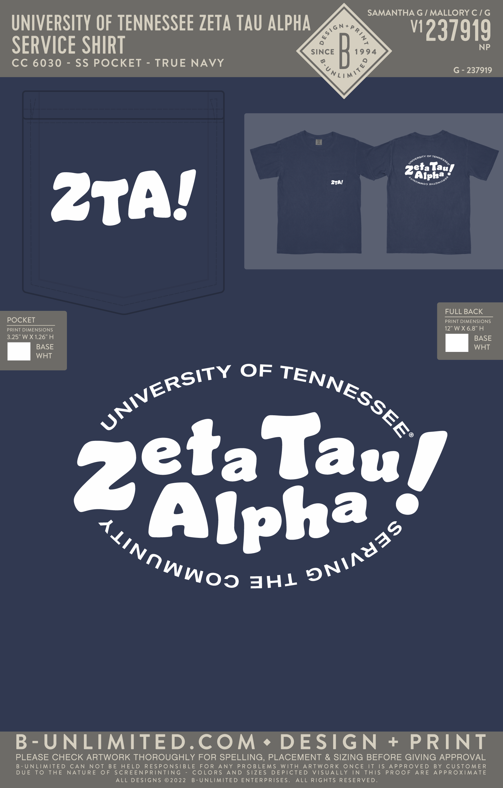 University of Tennessee Zeta Tau Alpha - Service Shirt - CC - 6030 - SS Pocket - True Navy