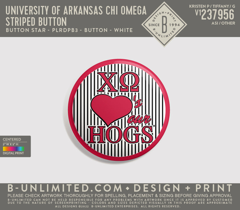 University of Arkansas Chi Omega - Striped Button - Button Star - PLRDPB3 - Button - White