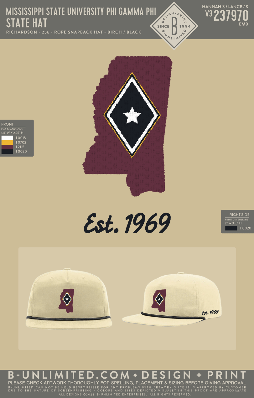 Mississippi State University Phi Gamma Delta - State Hat - Richardson - 256 - Rope Snapback Hat - Birch/Black