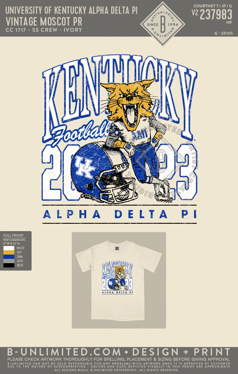 University of Kentucky Alpha Delta Pi - Vintage Mascot PR (EOYFALL23) - CC - 1717 - SS Crew - Ivory