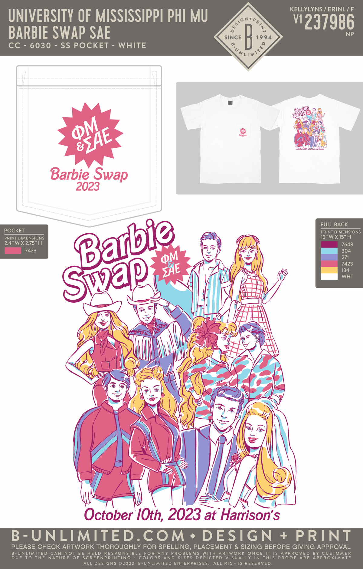 University of Mississippi Phi Mu - Barbie Swap SAE (EOYFALL23) - CC - 6030 - SS Pocket - White