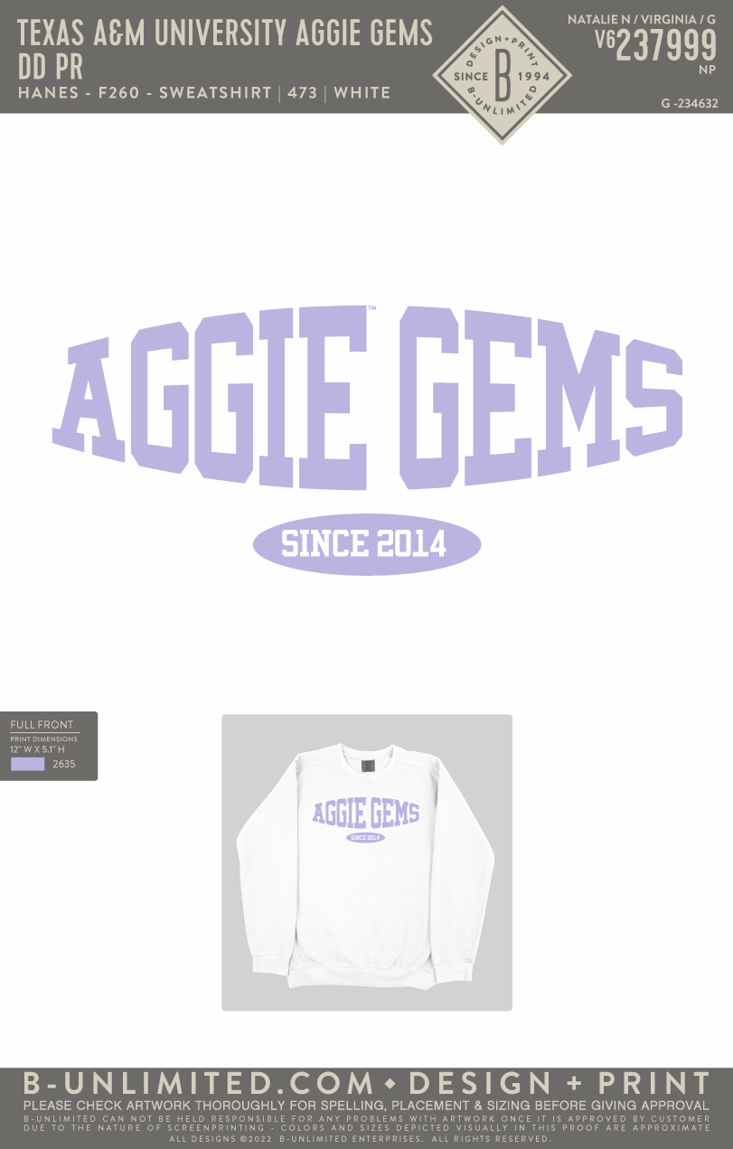Texas A&M University Aggie Gems - DD PR - Hanes - F260 - Sweatshirt - White
