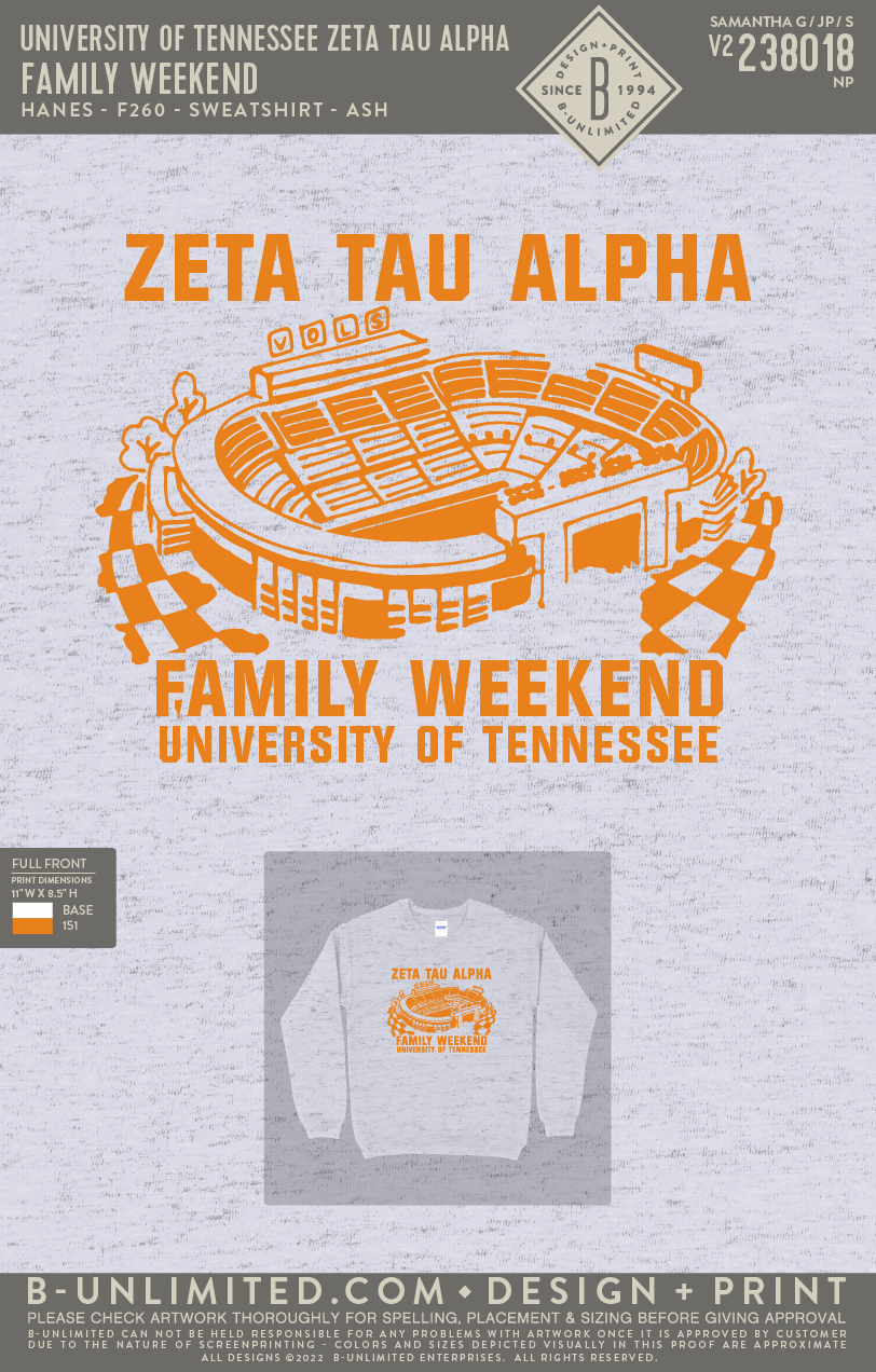 University of Tennessee Zeta Tau Alpha - Family Weekend - Hanes - F260 - Sweatshirt - Ash
