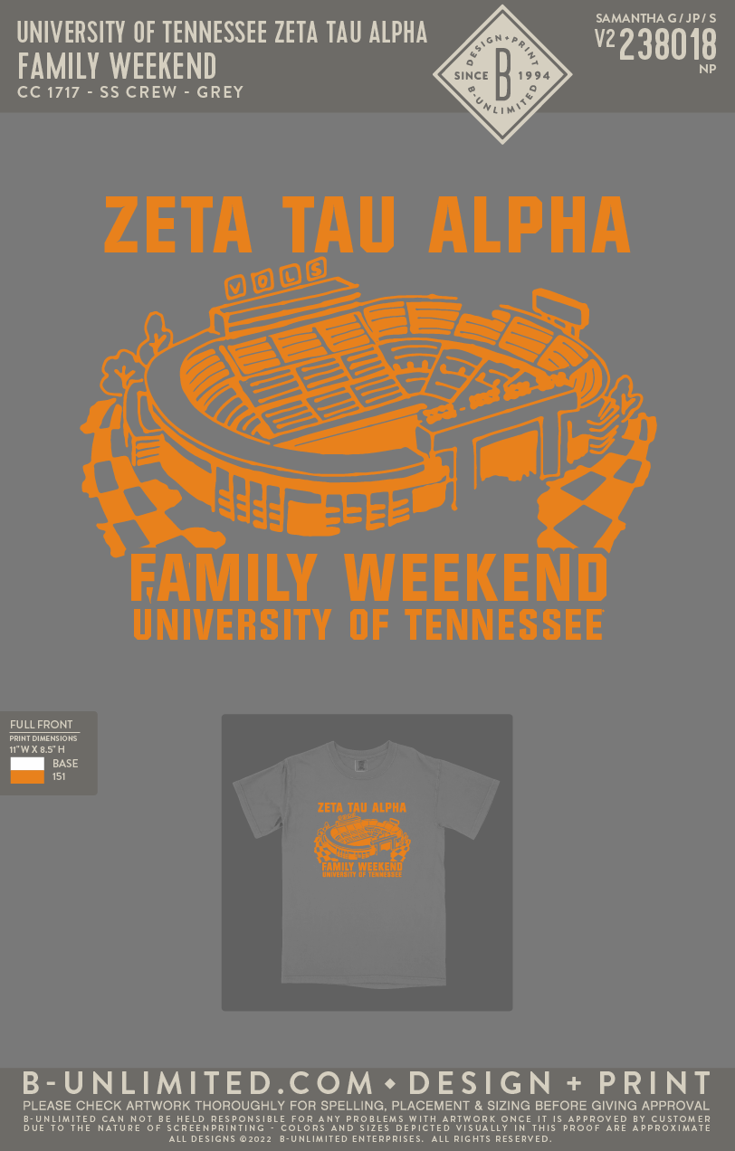 University of Tennessee Zeta Tau Alpha - Family Weekend - CC - 1717 - SS Crew - Grey