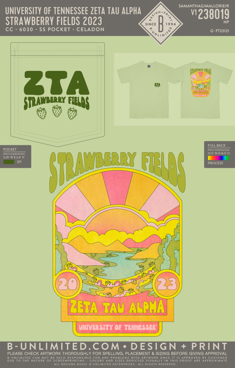 University of Tennessee Zeta Tau Alpha - Strawberry Fields 2023 - CC - 6030 - SS Pocket - Celadon
