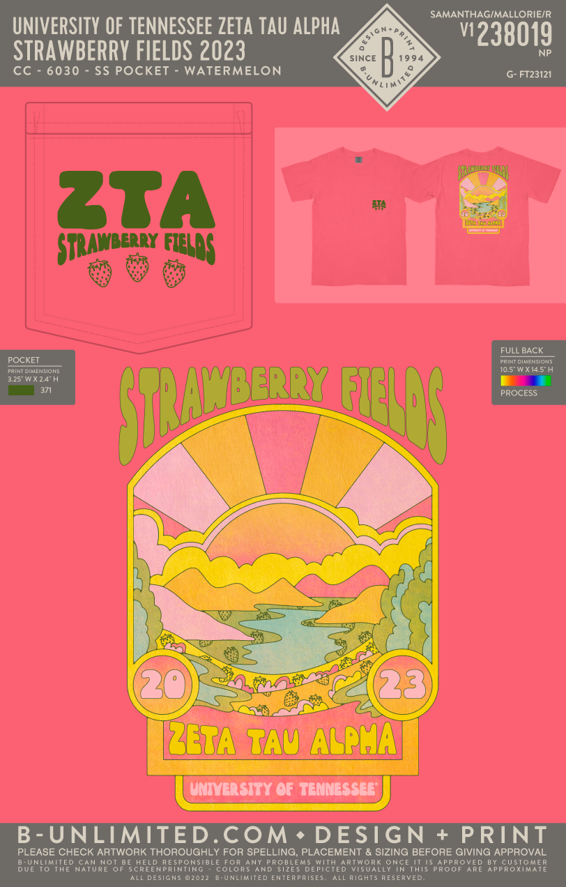 University of Tennessee Zeta Tau Alpha - Strawberry Fields 2023 - CC - 6030 - SS Pocket - Watermelon