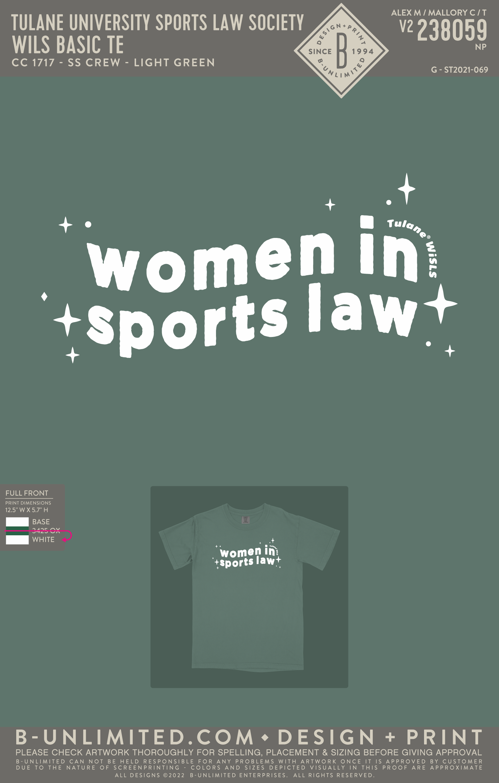 Tulane University Sports Law Society - WiLS Basic Tee - CC - 1717 - SS Crew - Light Green