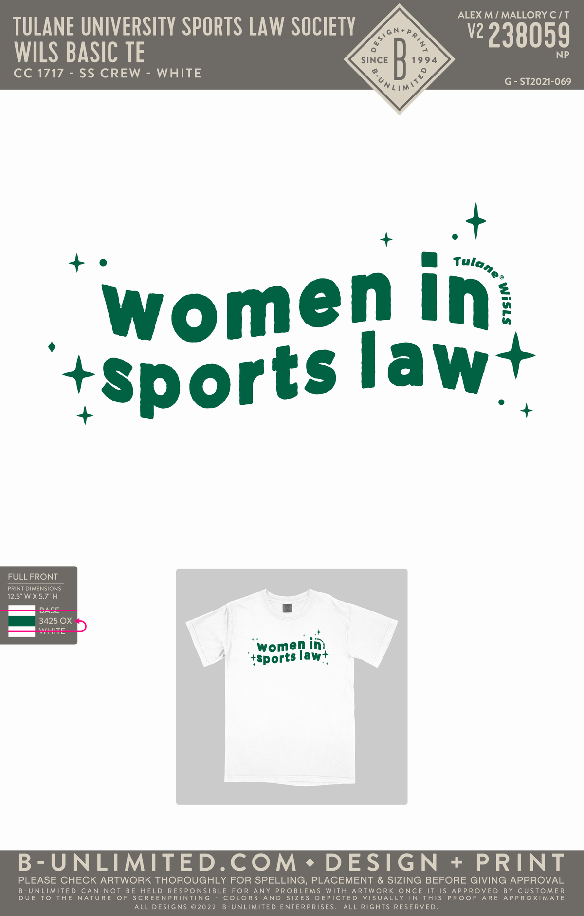 Tulane University Sports Law Society - WiLS Basic Tee - CC - 1717 - SS Crew - White