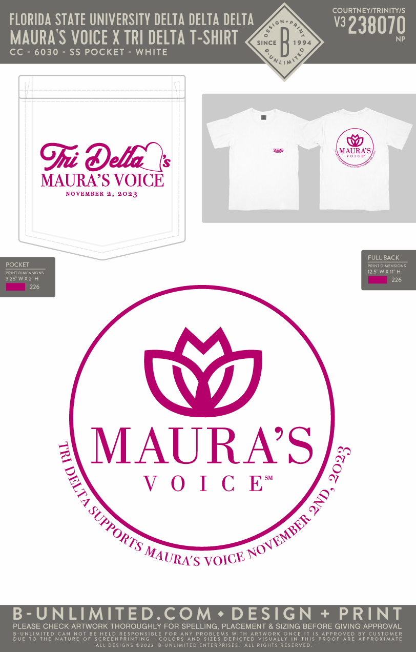 Florida State University Delta Delta Delta - Maura's Voice X Tri Delta T-Shirt - CC - 6030 - SS Pocket - White