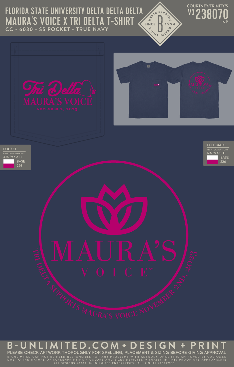 Florida State University Delta Delta Delta - Maura's Voice X Tri Delta T-Shirt - CC - 6030 - SS Pocket - True Navy