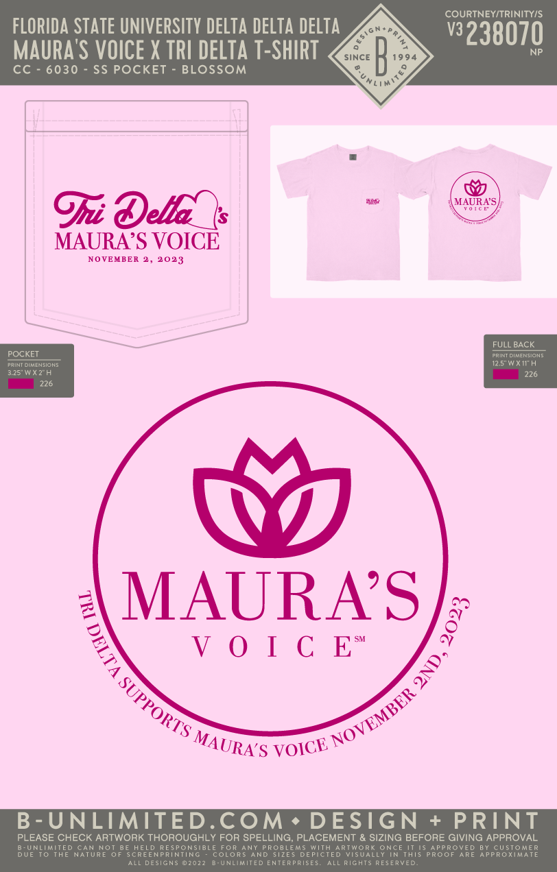 Florida State University Delta Delta Delta - Maura's Voice X Tri Delta T-Shirt - CC - 6030 - SS Pocket - Blossom