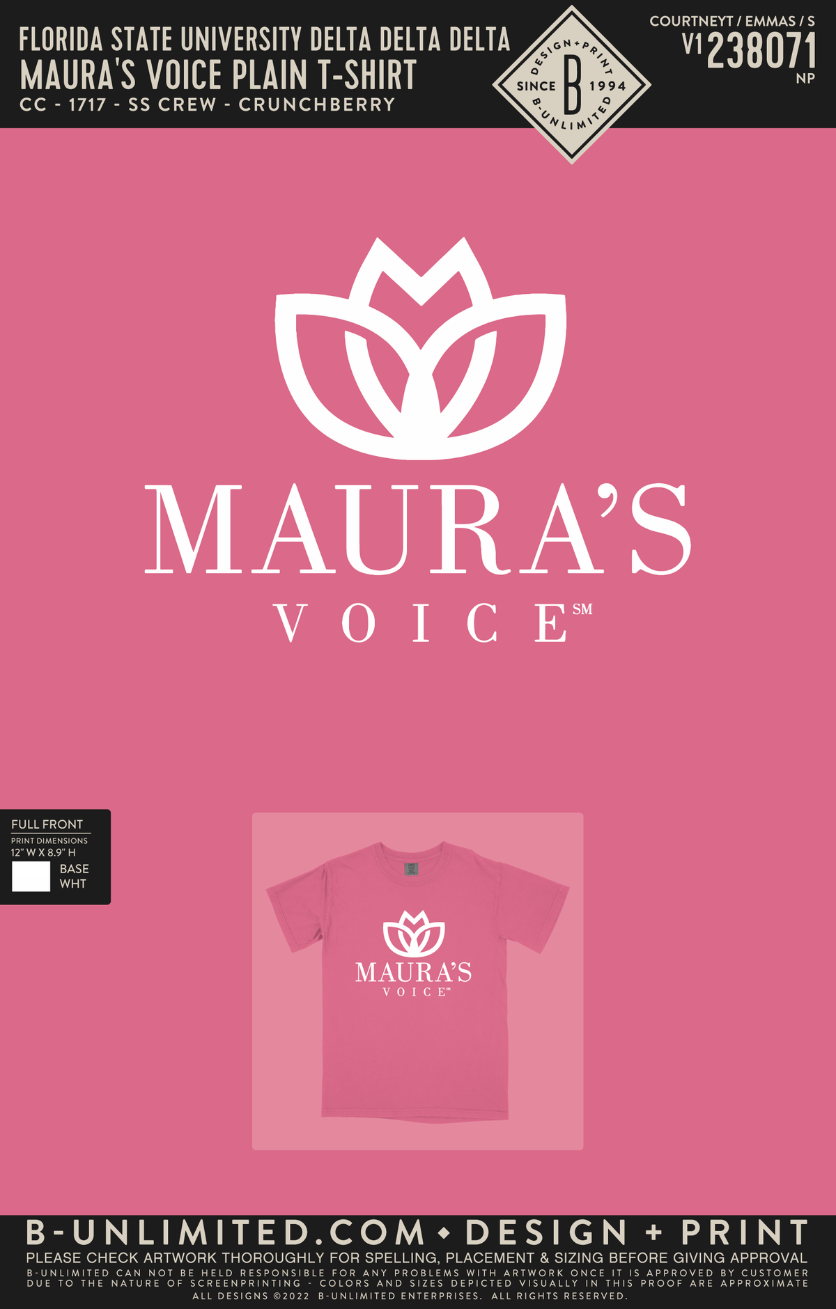 Florida State University Delta Delta Delta - Maura's Voice Plain T-Shirt - CC - 1717 - SS Crew - Crunchberry