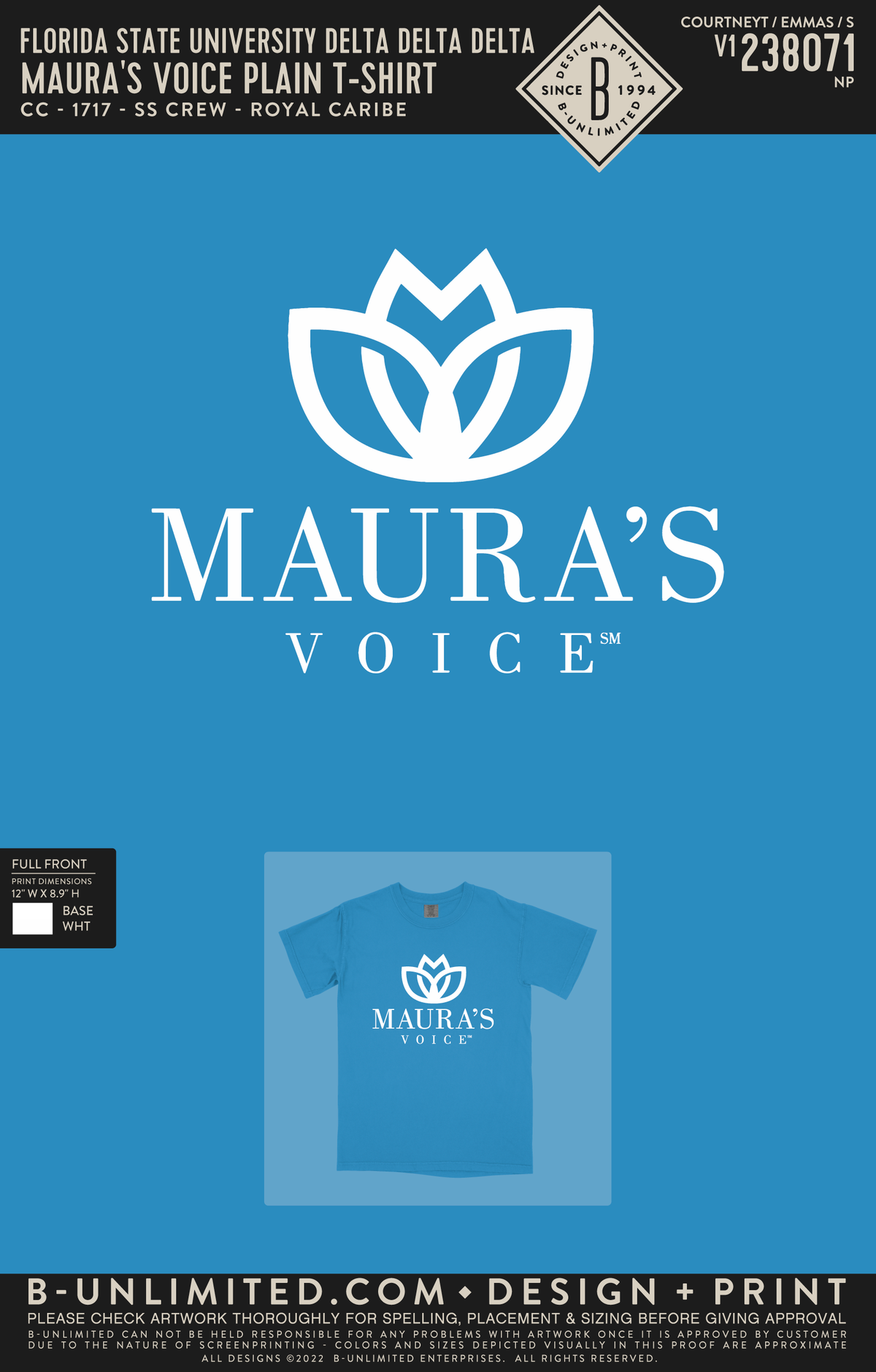 Florida State University Delta Delta Delta - Maura's Voice Plain T-Shirt - CC - 1717 - SS Crew - Royal Caribe