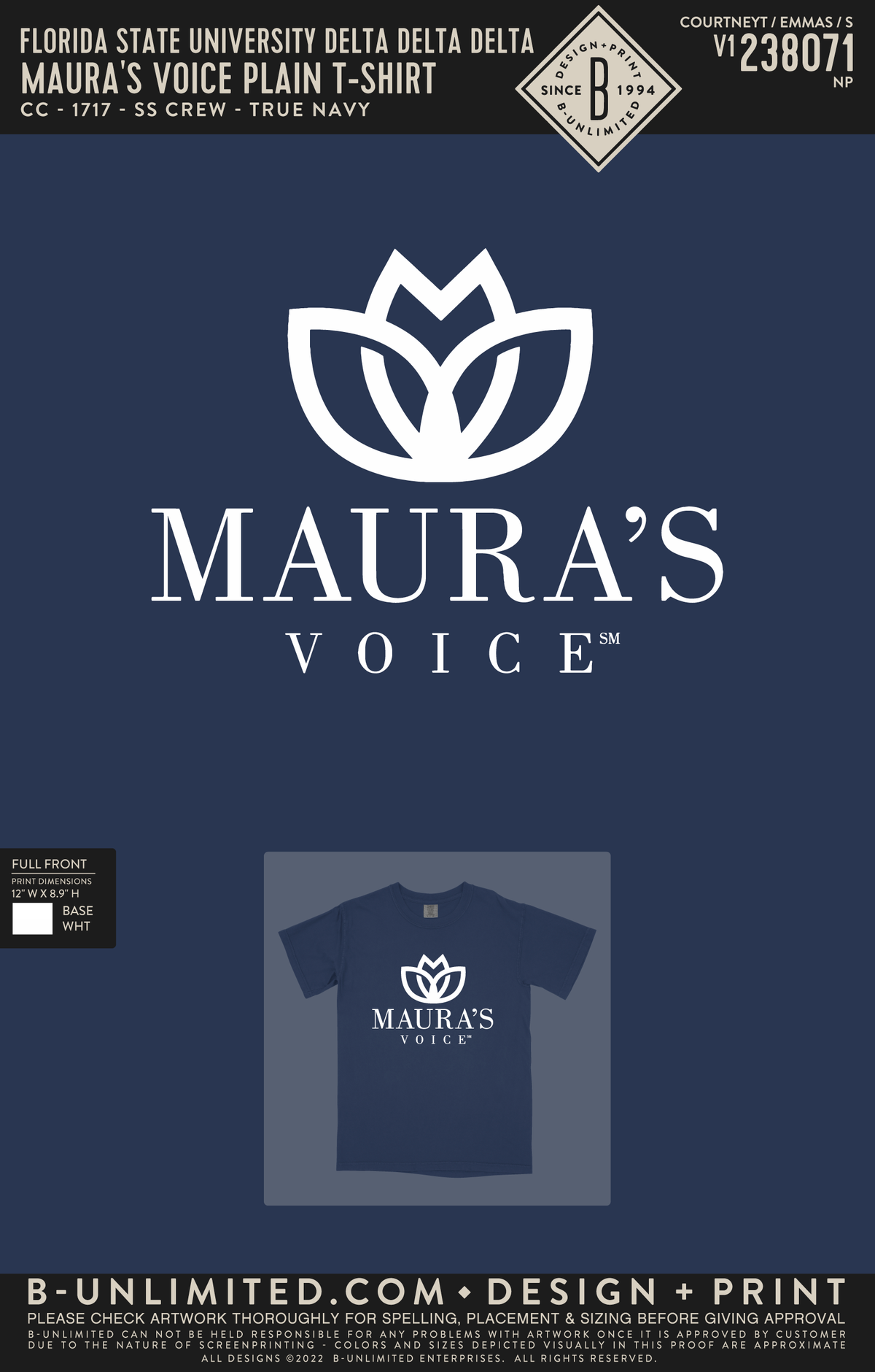 Florida State University Delta Delta Delta - Maura's Voice Plain T-Shirt - CC - 1717 - SS Crew - True Navy