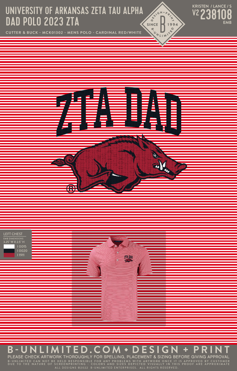 University of Arkansas Zeta Tau Alpha - Dad Polo 2023 ZTA - Cutter & Buck - MCK01302 - Forge Double Stripe Mens Polo - Red/White