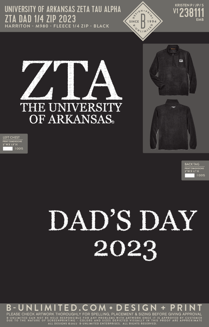 University of Arkansas Zeta Tau Alpha - ZTA Dad 1/4 Zip 2023 - Harriton - M980 - Fleece 1/4 Zip - Black
