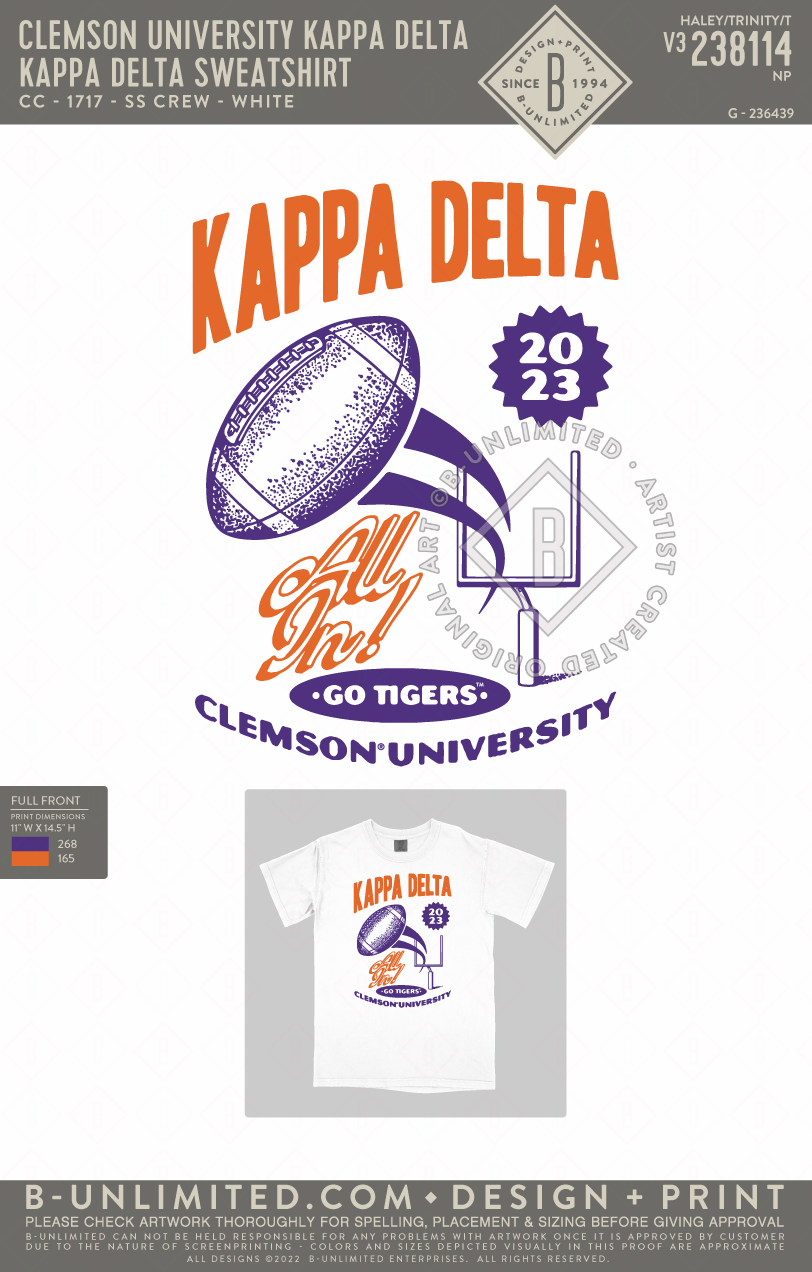 Clemson University Kappa Delta - Kappa Delta Sweatshirt (EOY FALL 23) - CC - 1717 - SS Crew - White