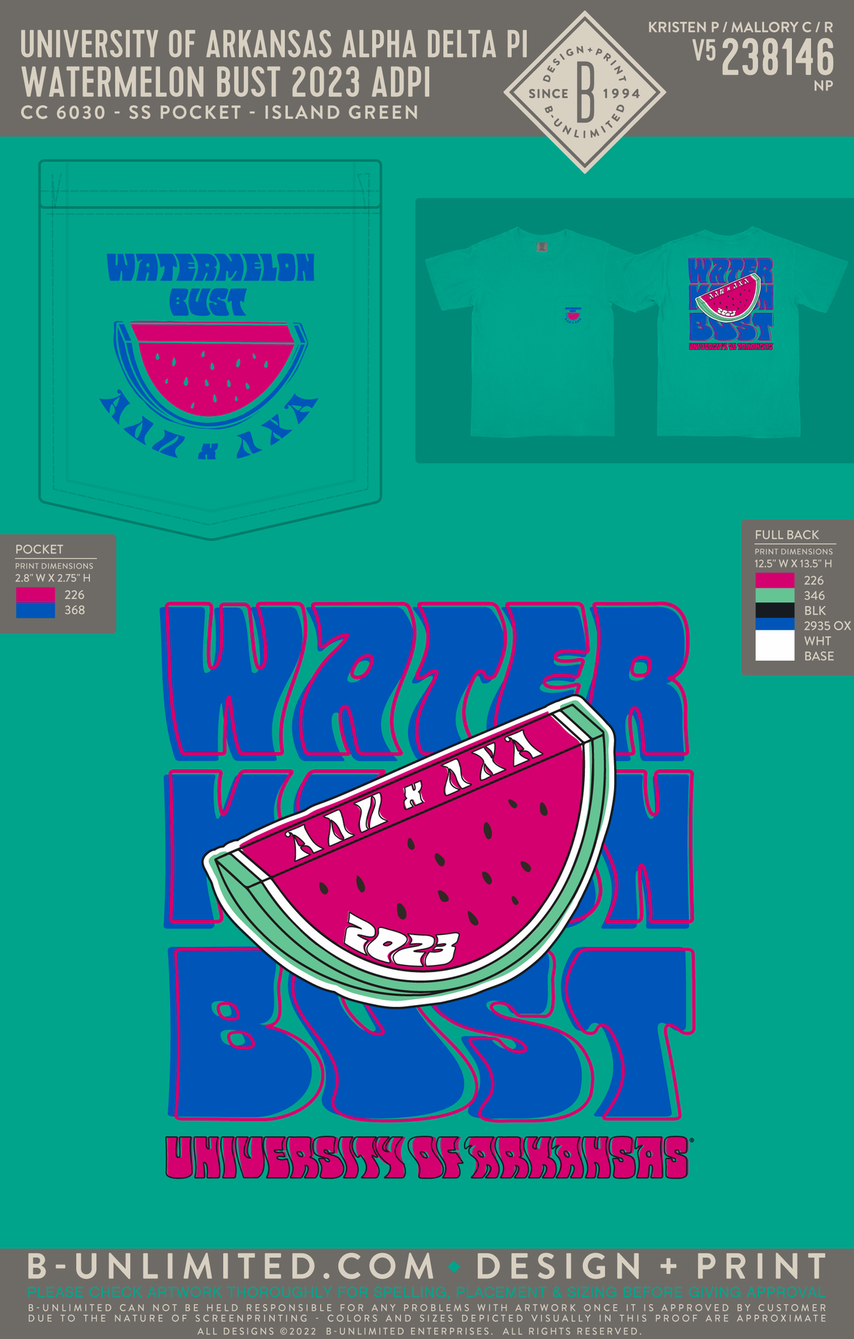 University of Arkansas Alpha Delta Pi - Watermelon bust 2023 adpi - CC - 6030 - SS Pocket - Island Green