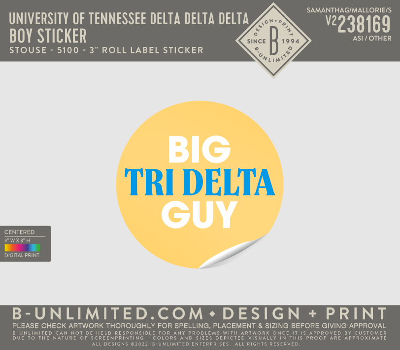 University of Tennessee Delta Delta Delta - Boy Sticker PACK OF 10 - Stouse - 5100 - 3" Roll Label Sticker - Multi