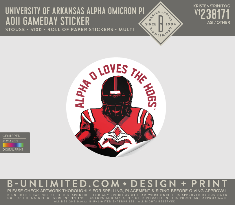 University of Arkansas Alpha Omicron Pi - AOII gameday sticker (PACK OF 10) - Stouse - 5100 - 3" Roll Label Sticker - Multi