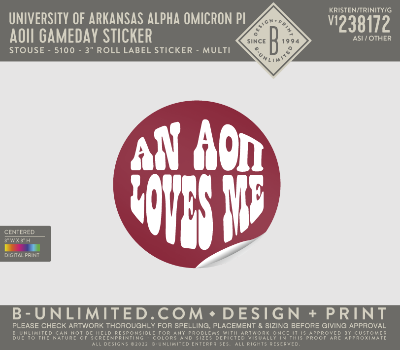 University of Arkansas Alpha Omicron Pi - AOII gameday sticker (PACK OF 10) - Stouse - 5100 - 3" Roll Label Sticker - Multi