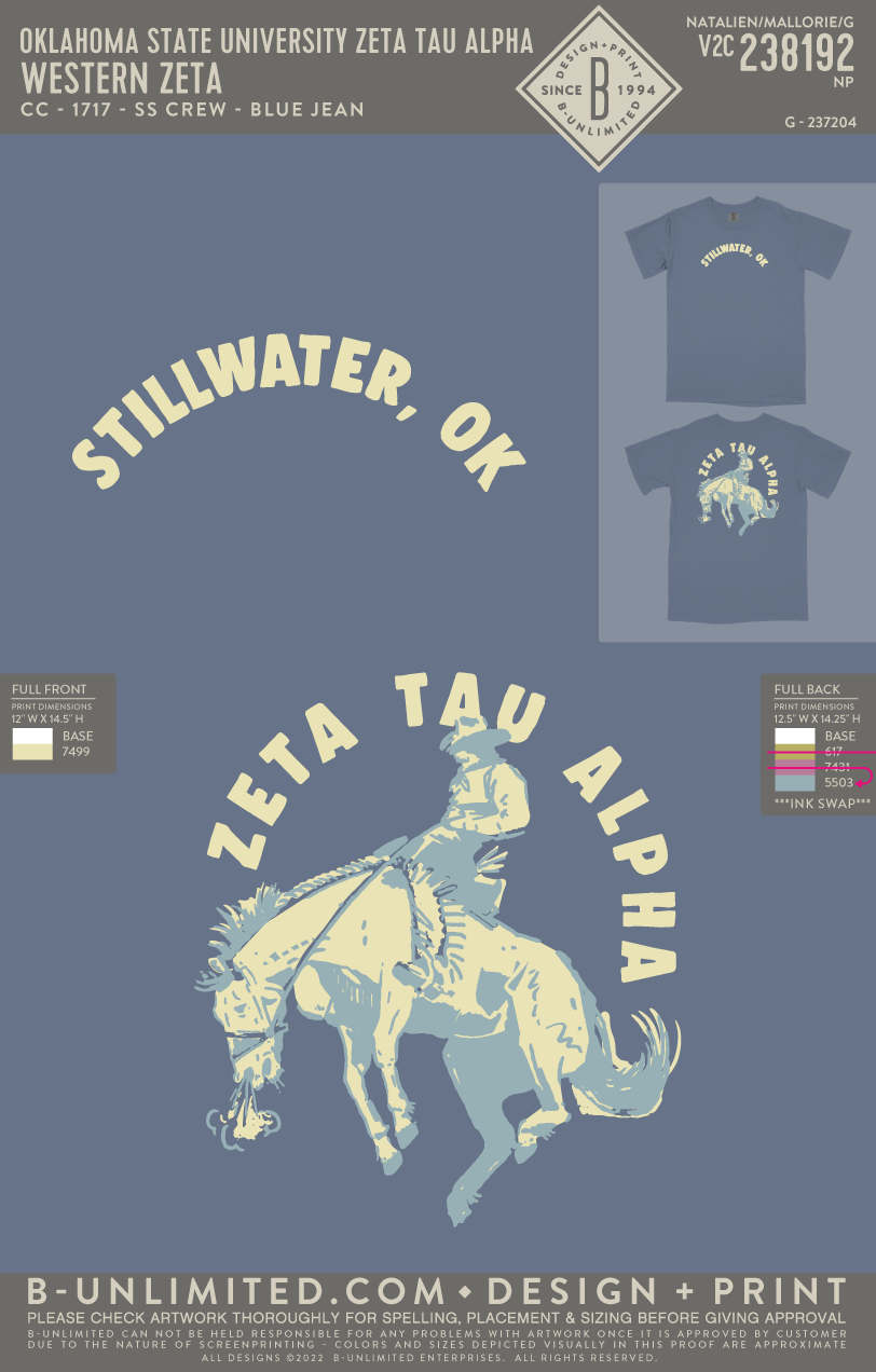 Oklahoma State University Zeta Tau Alpha - Western Zeta - CC - 1717 - SS Crew - Blue Jean