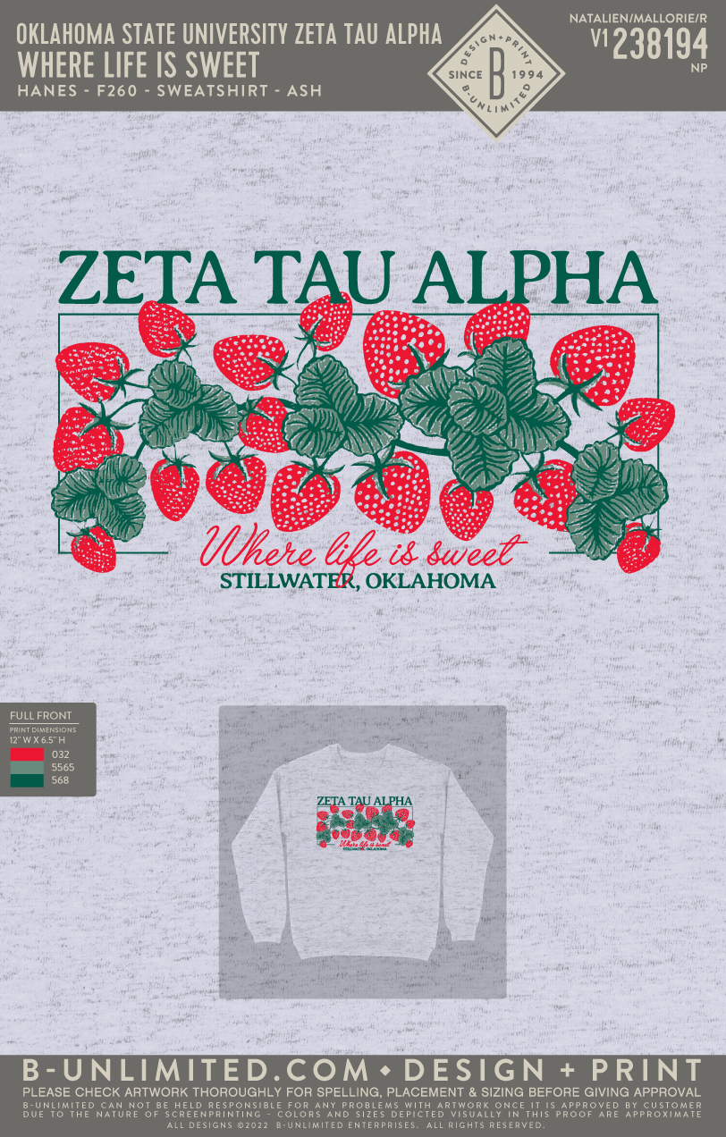 Oklahoma State University Zeta Tau Alpha - Where Life is Sweet - Hanes - F260 - Sweatshirt - Ash