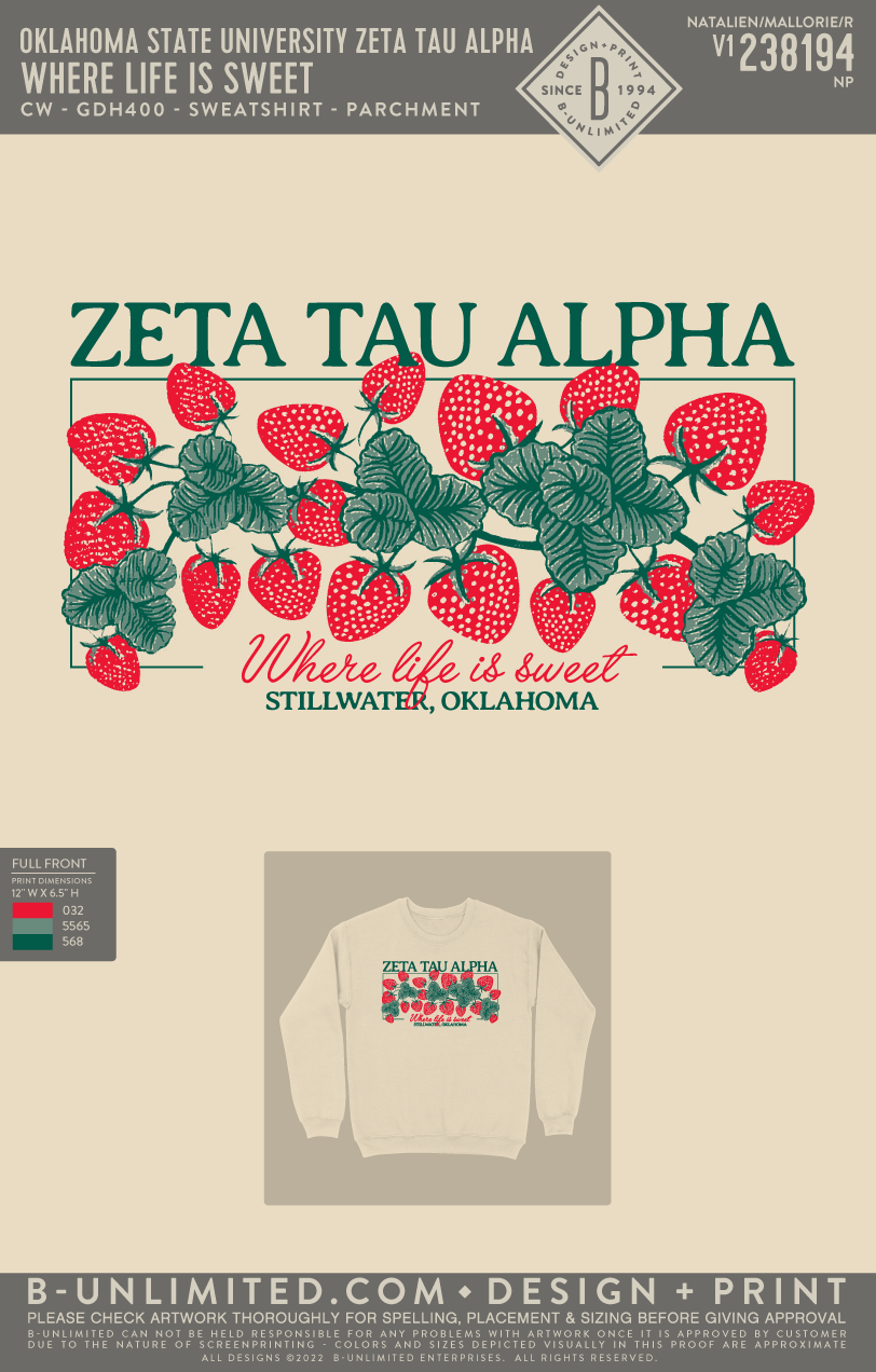 Oklahoma State University Zeta Tau Alpha - Where Life is Sweet - CW - GDH400 - Sweatshirt - Parchment